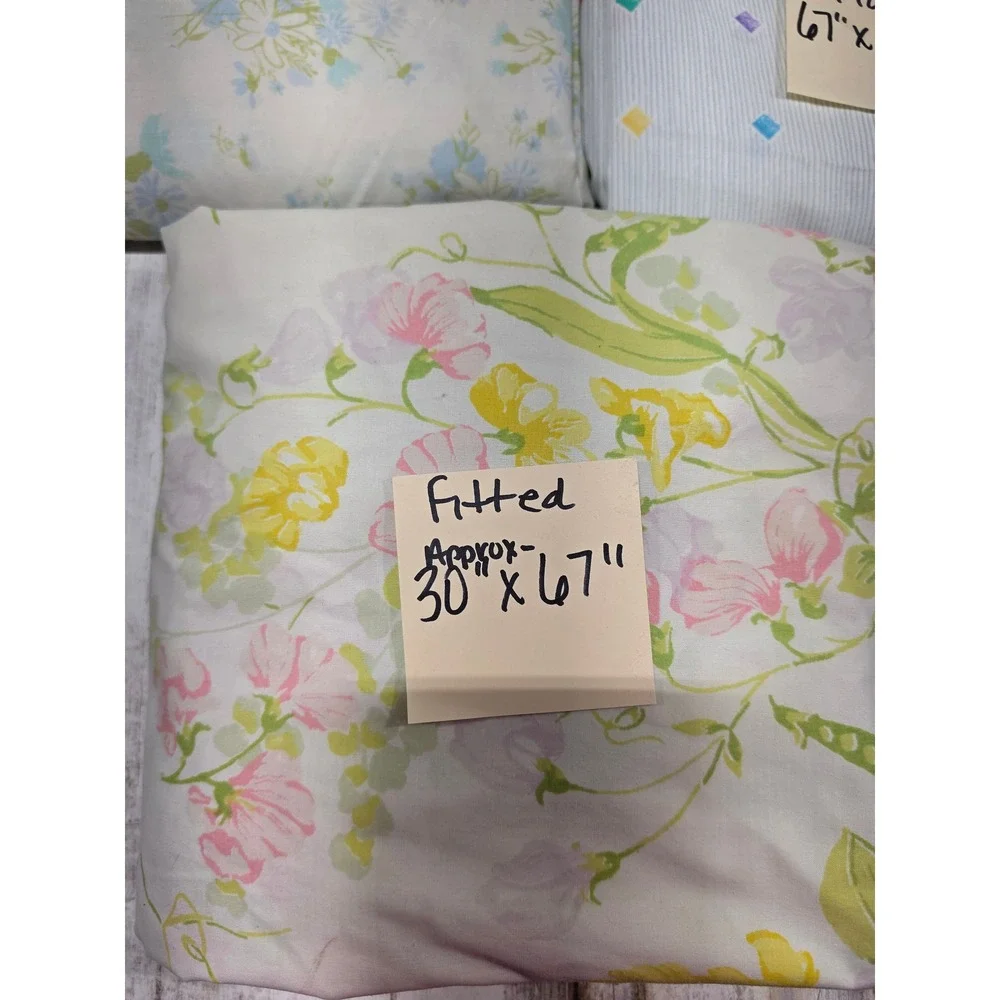 Vintage Bed Sheet Lot 3pc Floral Geometric Pinstripe Retro Linens TLC Crafting